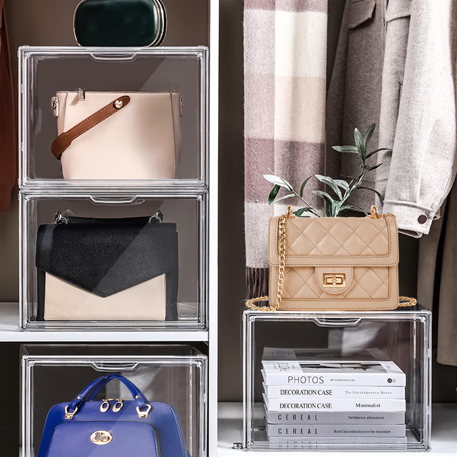 4 Packungen Kunststoff Geldbeutel Lagerung Veranstalter für Schrank, Klare Vitrine für Geldbeutel und Handtaschen, Stapelbare Aufbewahrungsboxen mit magnetischer Tür für Kosmetik Spielzeug