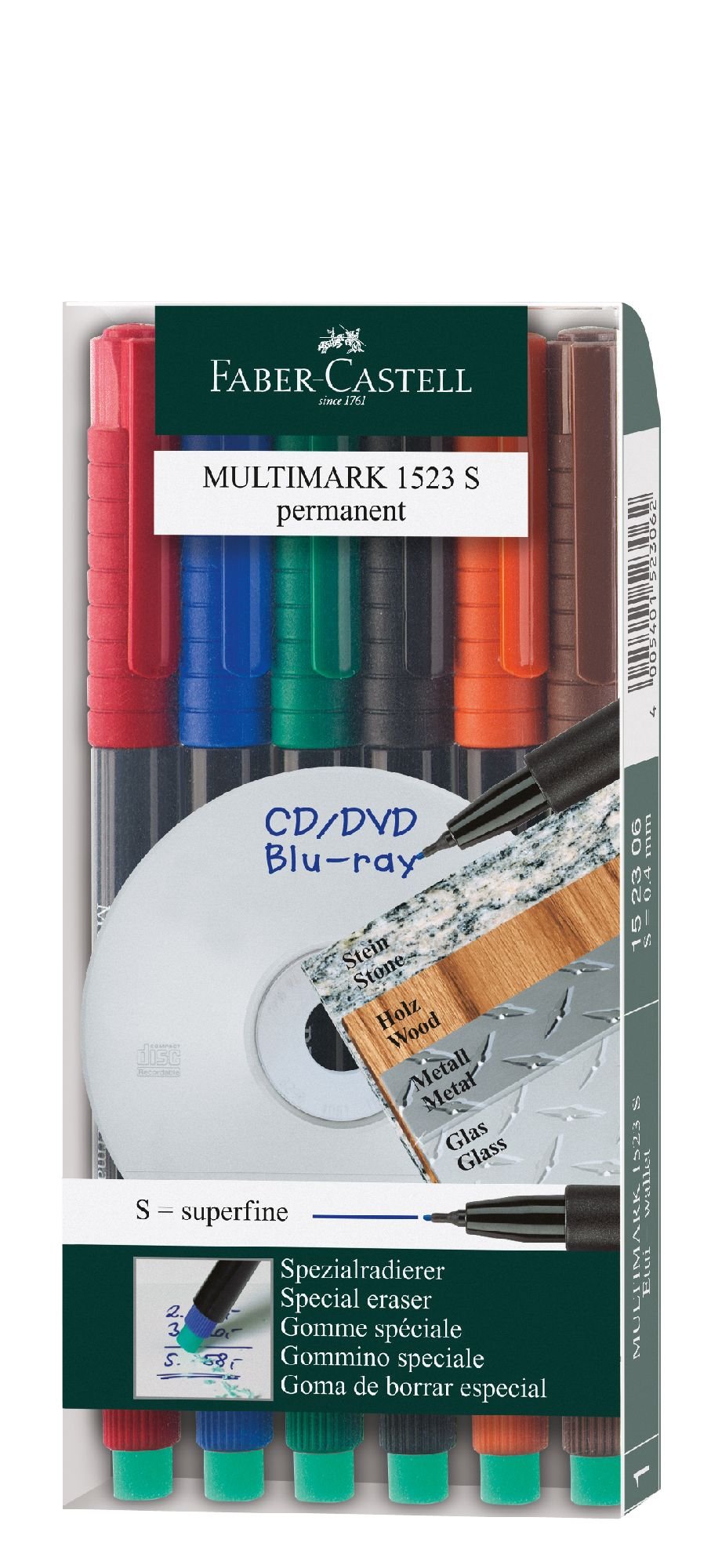 Faber-Castell Multimark 152306 Permanent Marker Thickness S Pack of 6, multicoloured, 6 count (Pack of 1)