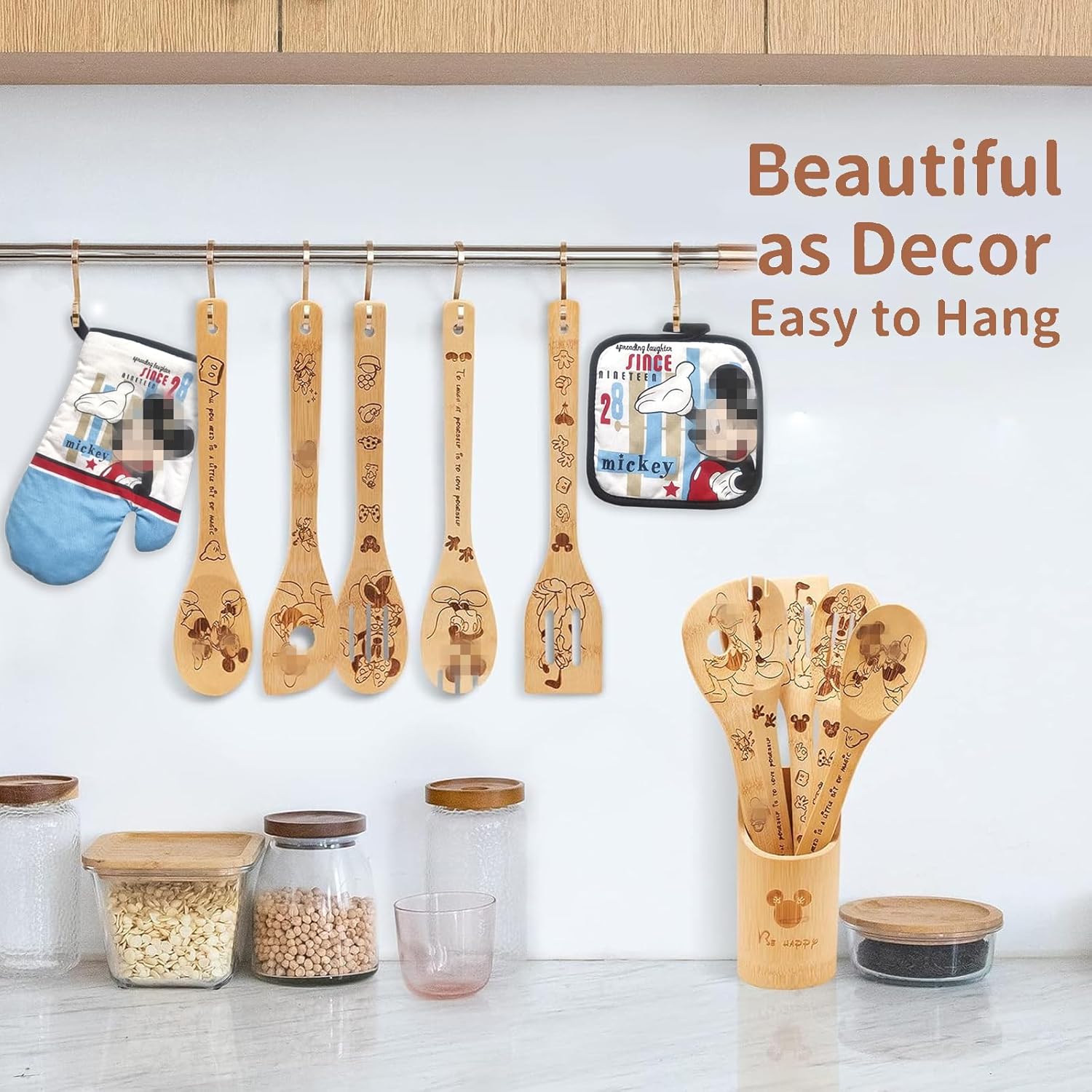Wooden Spoons for Cooking,Cartoon Bamboo Spoons Utensils Set Kitchen Decoration with Apron Oven Mitt Potholder,Birthday Gifts Anniversary Present for Women Friends 9PCS