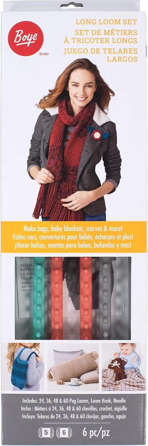 Boye 3702004101M Plastic Rectangular Loom Knitting Set, 24 Pegs and 8.75" L to 60 Pegs and 21.125" L, 7pcs