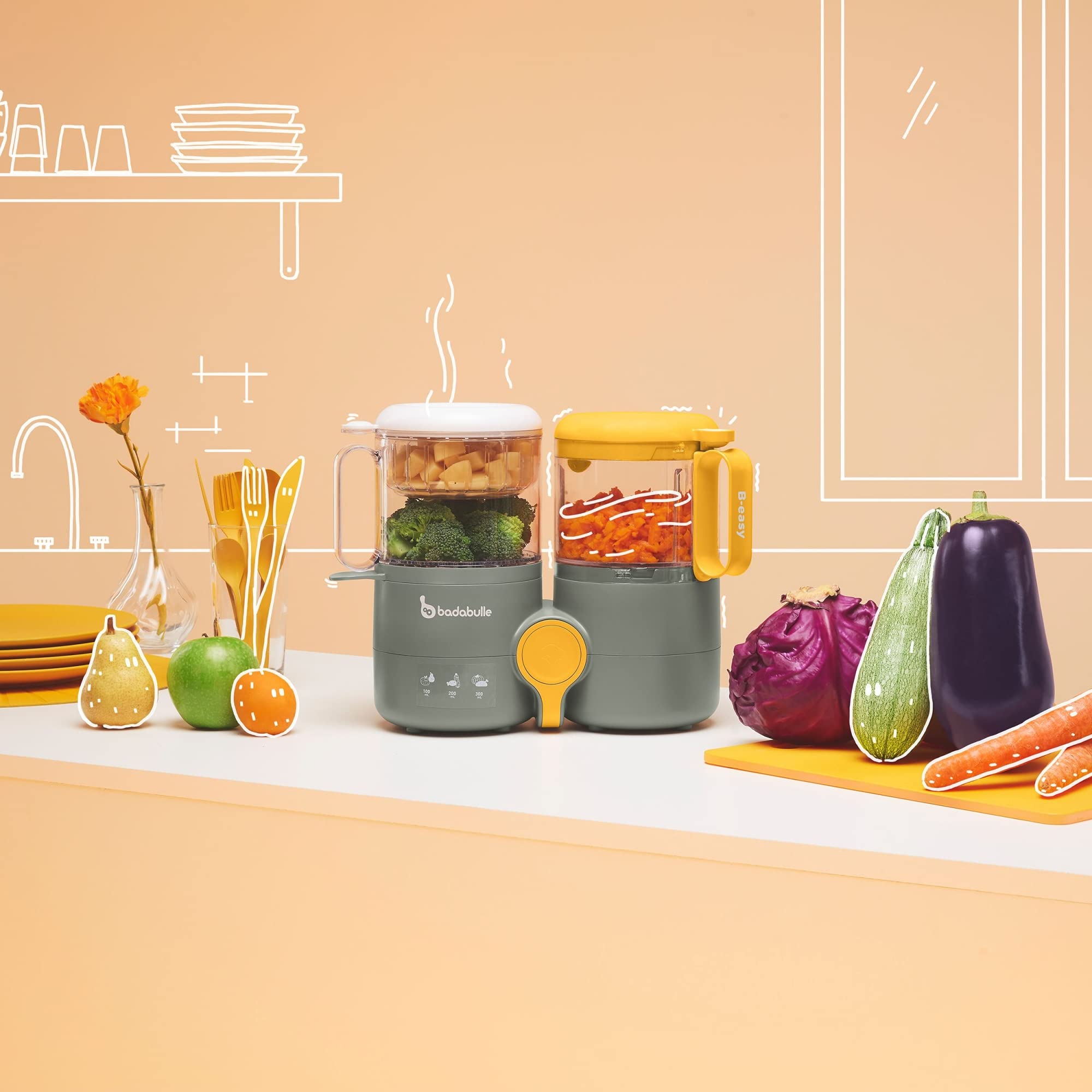 Badabulle B-Easy Robot Culinaire bébé 4 en 1 Cuisson vapeur douce, Mixage, Simple d'utilisation
