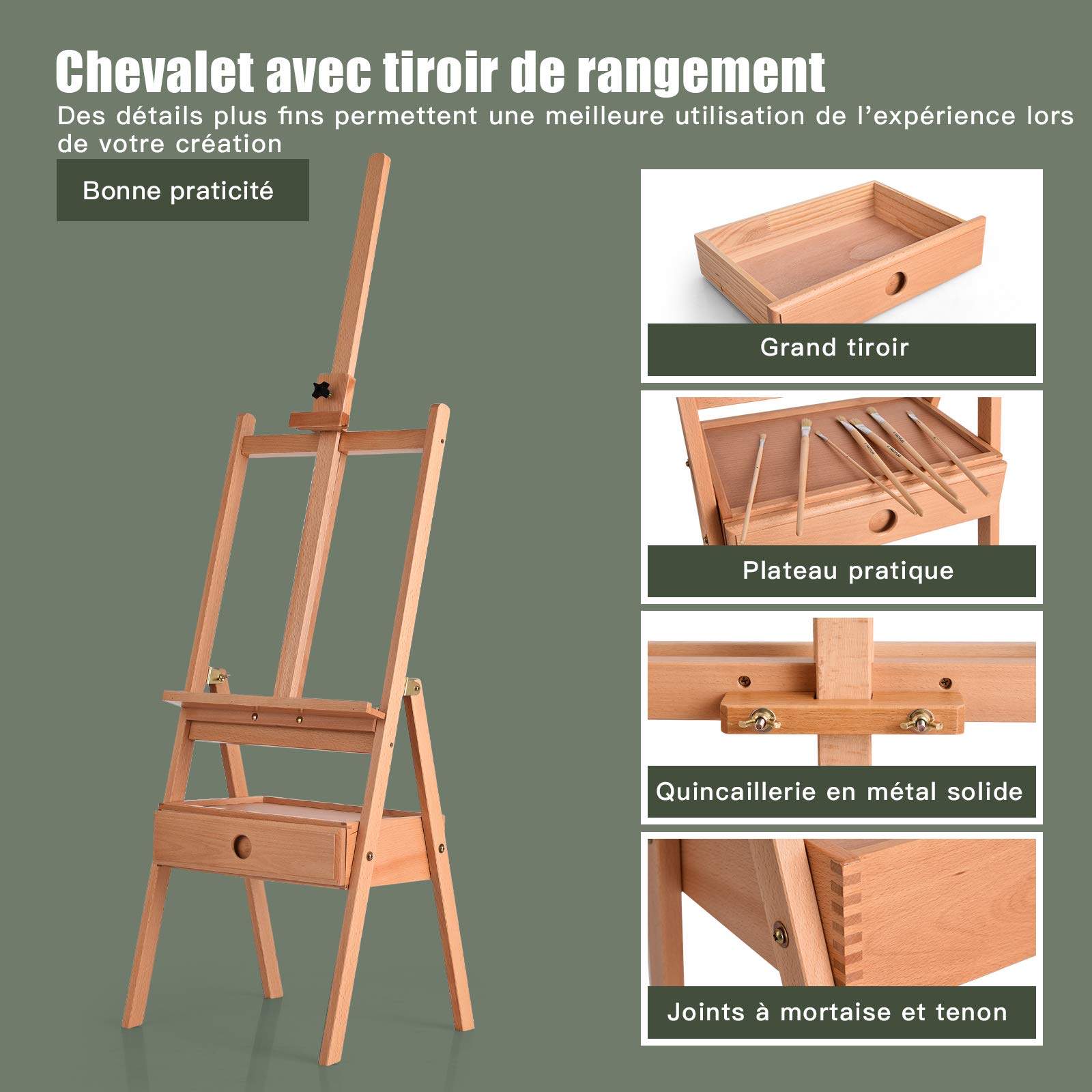 COSTWAY Chevalet d'Artiste sur Pied avec Tiroir, Fait en Hêtre, Porte-Toile Réglable, Grand Plateau pour Fournitures de Dessin, Supporte une toile jusqu'à 92 cm 43x44x151-194,5CM