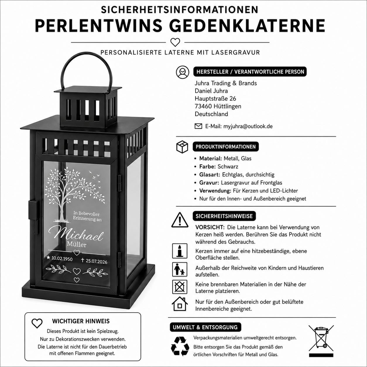 Personalisierte Tiergedenklaterne aus Metall, Schwarz