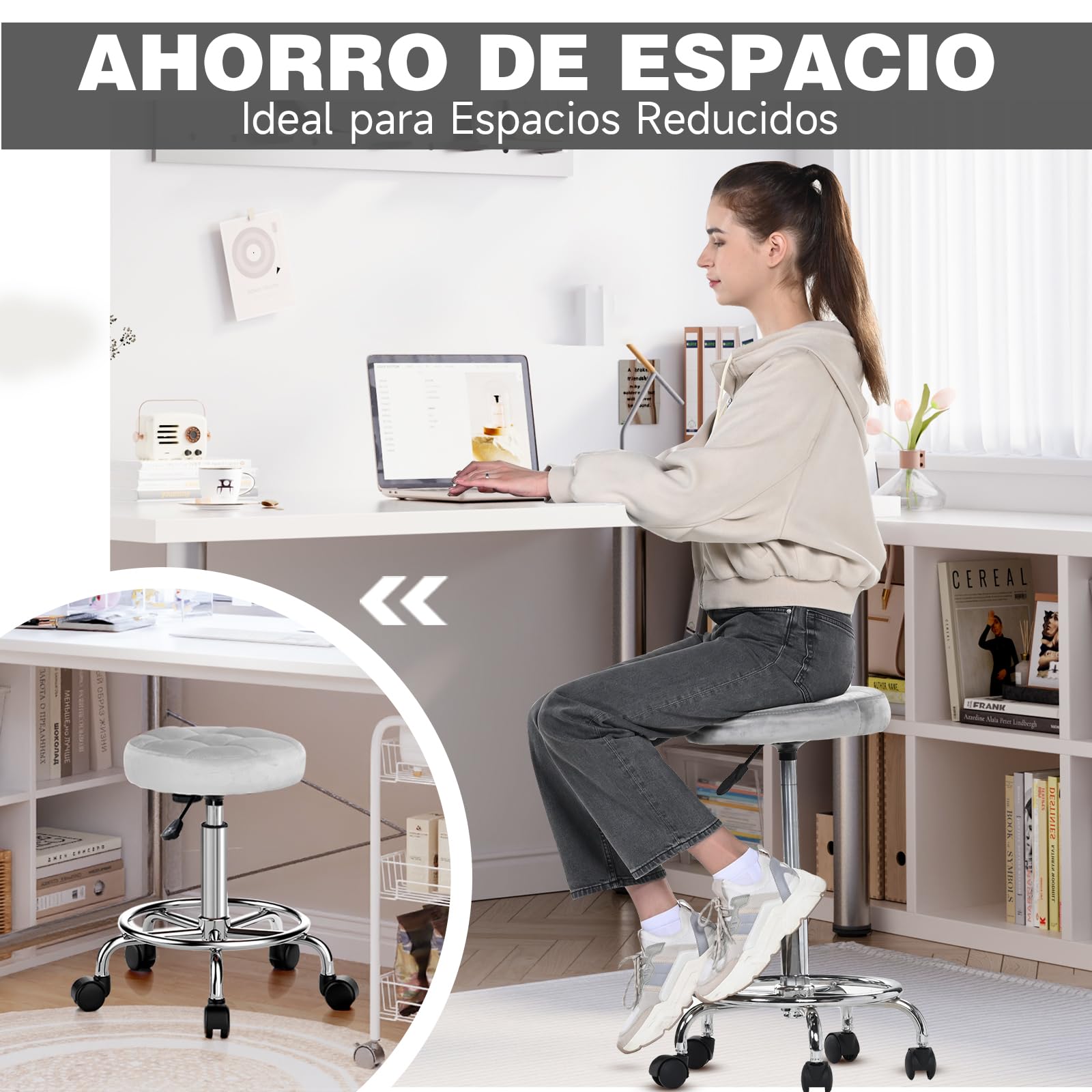 Taburete Redondo de Terciopelo Silla de Oficina Altura Ajustable 49-64 cm Giratoria 360° Gris