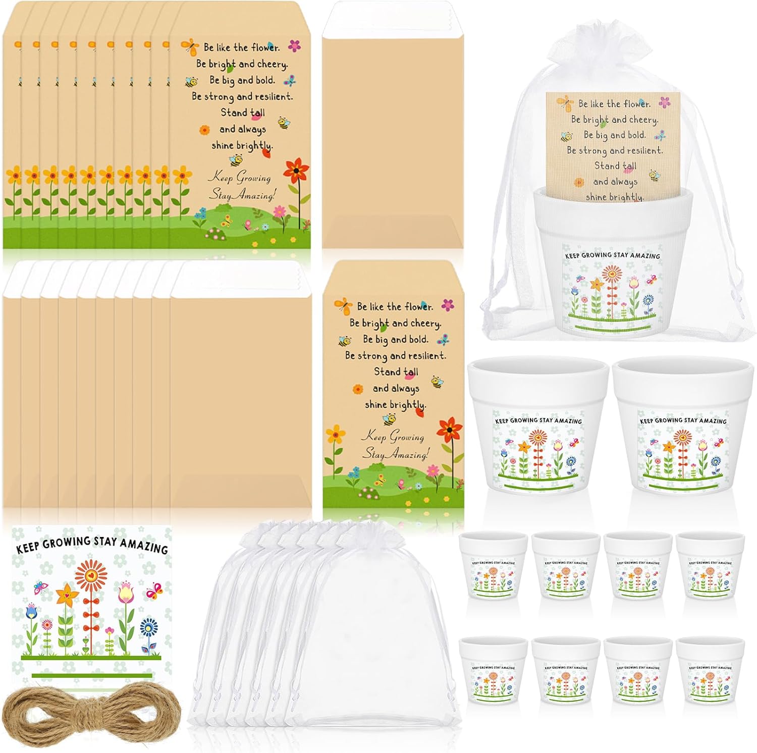 Ctosree 24 Sets End of Year Students Gift from Teacher Include Self Adhesive Seed Packets White Flower Pot Thank You Tags Organza Gift Bags for Teacher to Student Class Rewards Holiday Presents Gifts