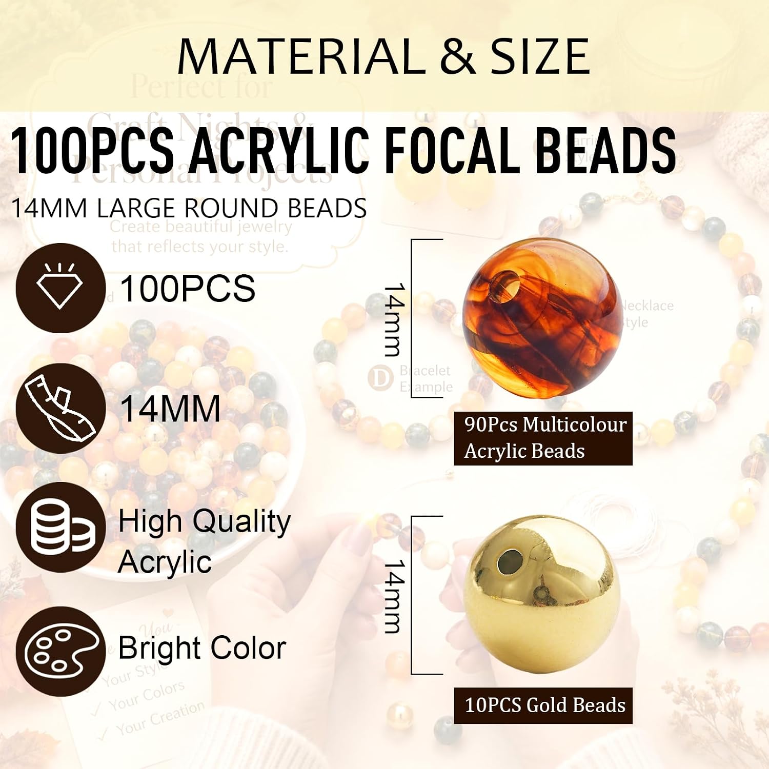 100Pcs Autumn Acrylic Beads Kit, 14mm Large Chunky Bubblegum Beads for Pens & Jewelry Making, Round Focal Beads with Gold Spacers for DIY Bracelets, Keychains, Crafts(Fall)