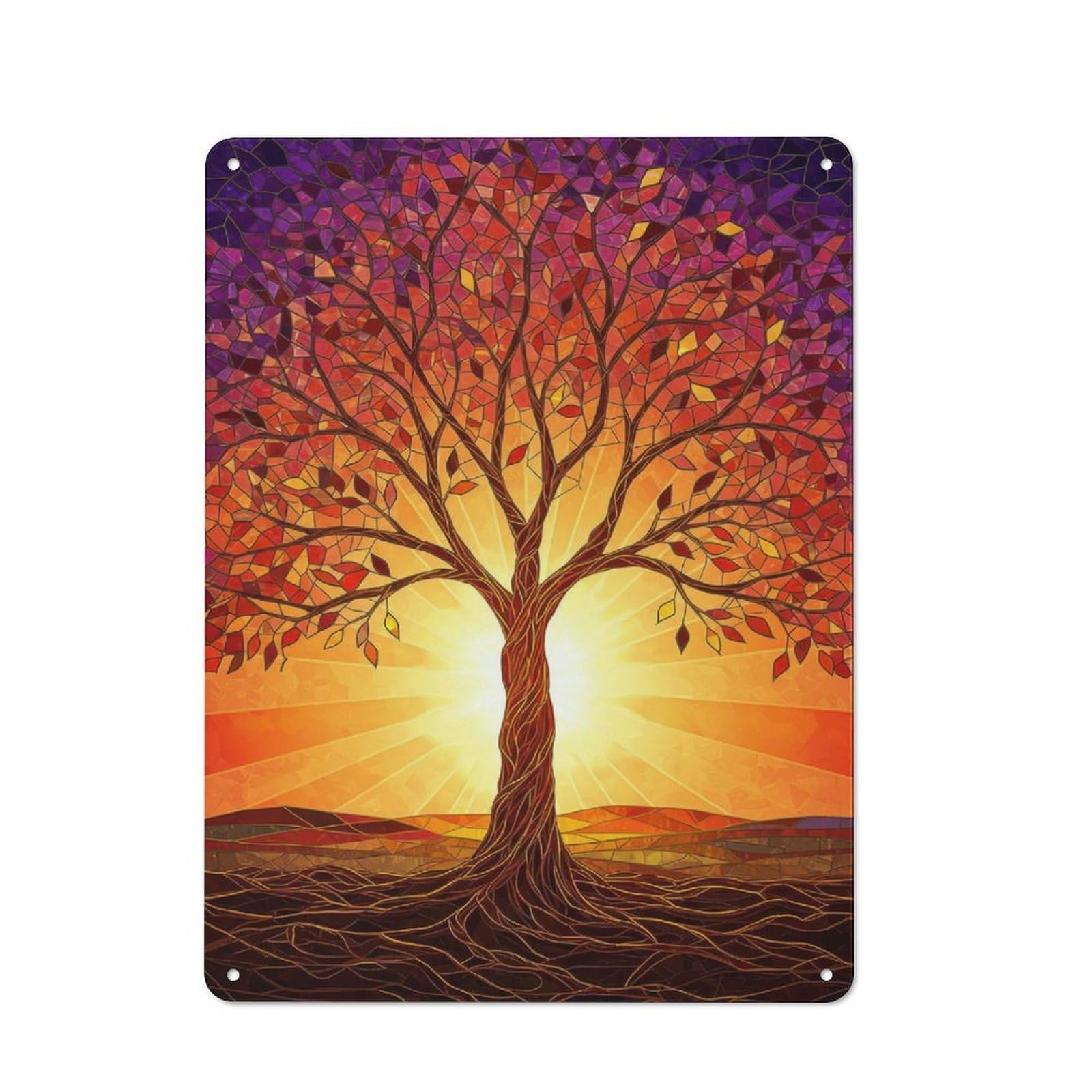 Junmoney Stained Glass Tree Of Life Artwork Decorative Metal Sign 40X30cm, Understated Studio Wall Plaque For Hobby Room, Office, Lounge Or Living Room