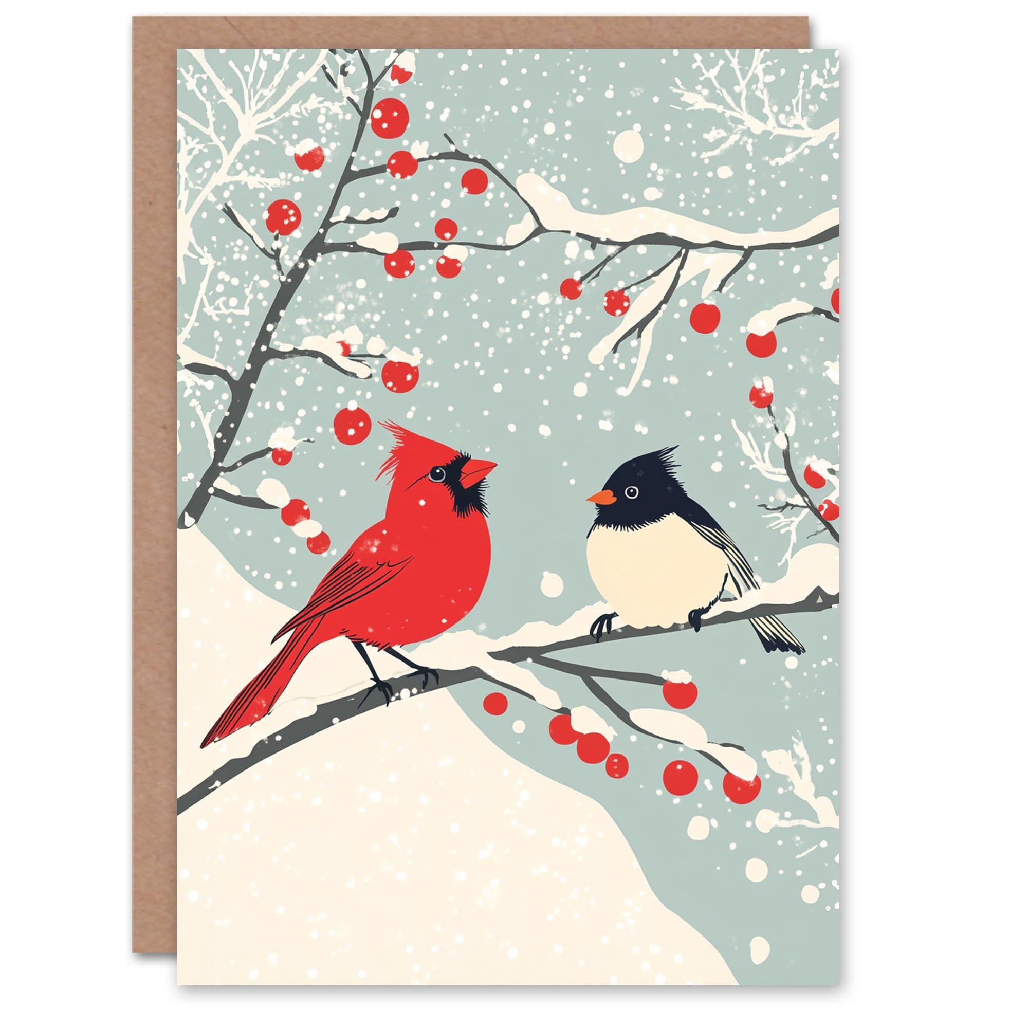 Artery8 Cardinal Birds on Berry Tree Christmas Card Blue