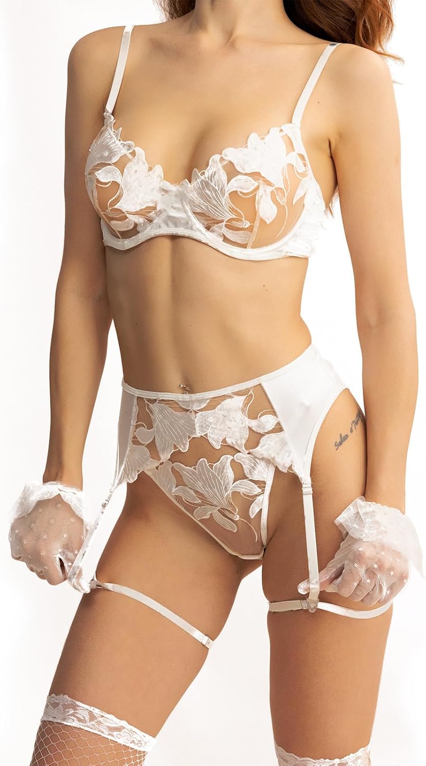 Women's Floral Embroidered Lingerie Set, 3 Piece Sheer Mesh Underwire Bra, Garter Belt & Thong