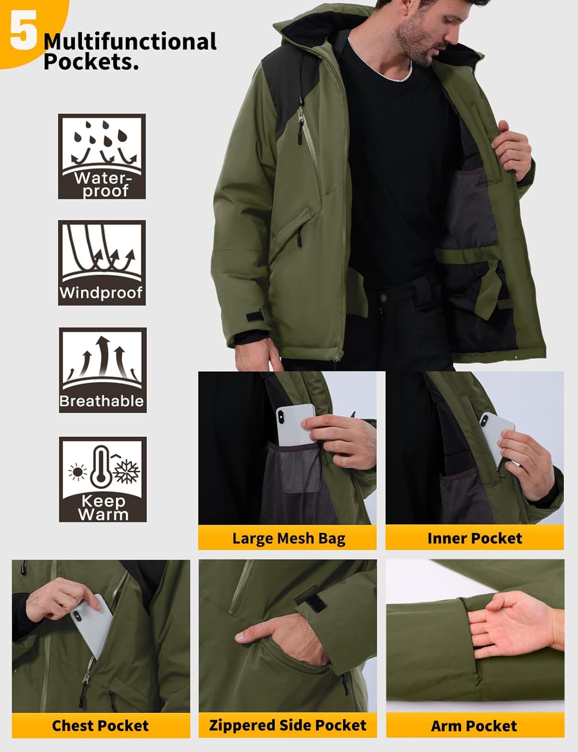 GEMYSE Men's Ski Jacket Winter Snow Coats Waterproof Snowboard Jacket Hooded insulated Windproof Parka With Multi-Pockets - Image 5