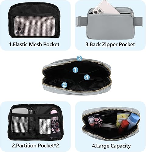 Miniatura 3 de VOROLO Riñonera para mujeres y hombres, bolsa cruzada, bolsa de cinturón con correa ajustable, Gris claro, Talla única