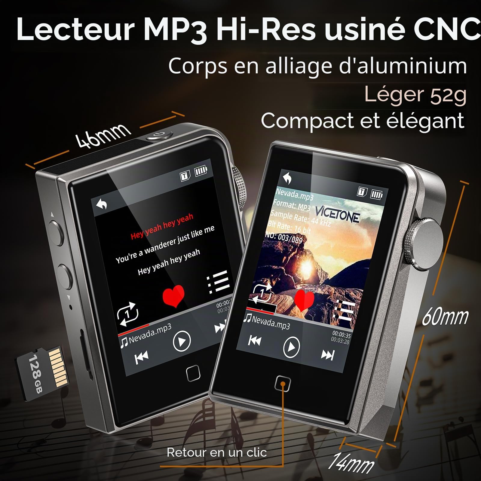 64GB HiFi Lecteur MP3, DAC DSD Portable Music Player, Écran Tactile 2 Pouces, Fonction de Reprise, Boîtier en Aluminium CNC, Expansion microSD 128GB