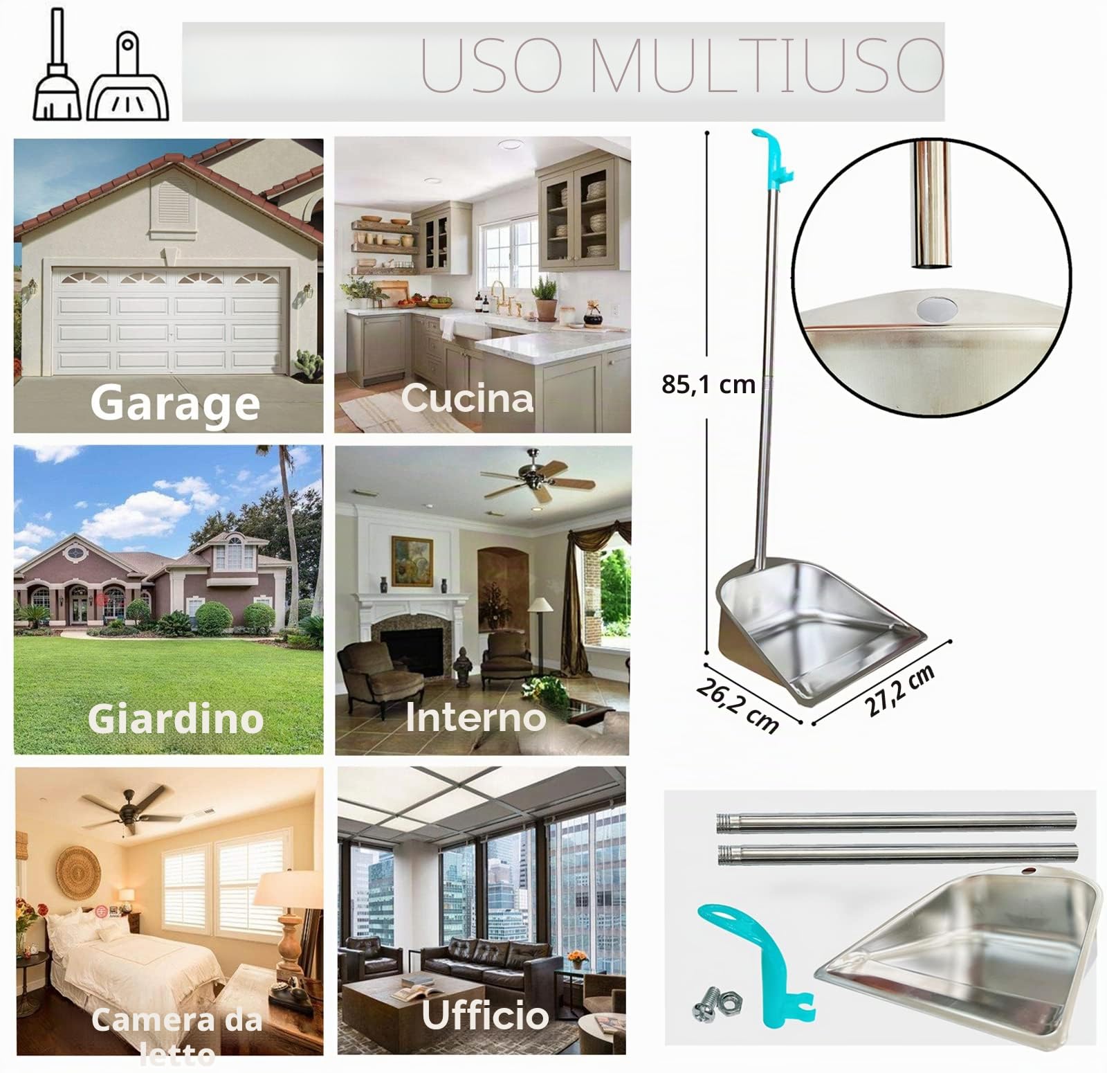 Paletta a manico lungo, 85 cm, resistente in acciaio inossidabile, design di grande capacità, per casa, ufficio, negozio, animali domestici, blu, 1 pezzo