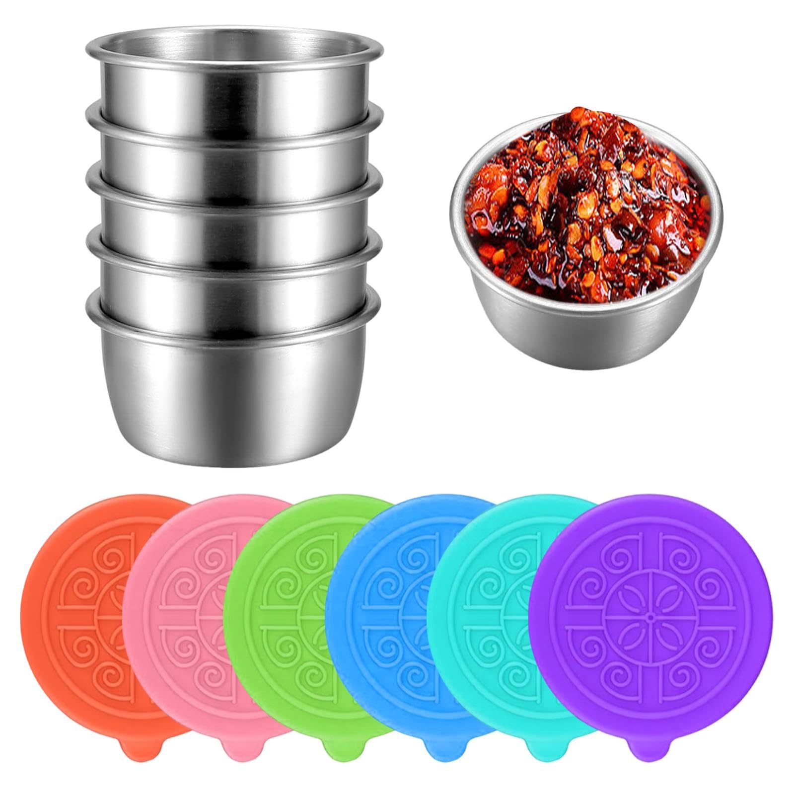 Zernavith 6Pcs Salad Dressing Containers,50ml Stainless Steel Spice Container Sauce Pots with Leakproof Silicone Lid,Sauce Cups Dips for Lunch Bento Box,Picnic and Travel