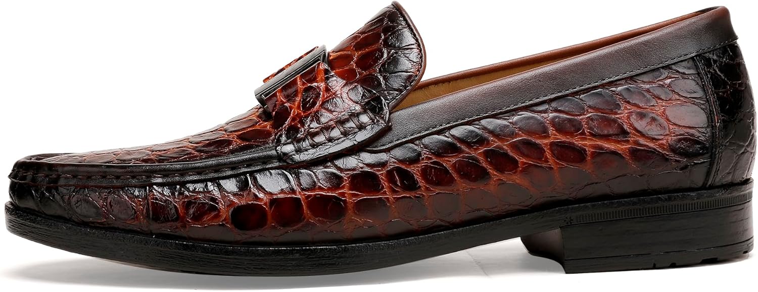 Classic Mens Leather Dress Shoes, Luxury Crocodile Printed Slip on Loafer with Matel Buckle Penny Shoes for Mens - Image 5