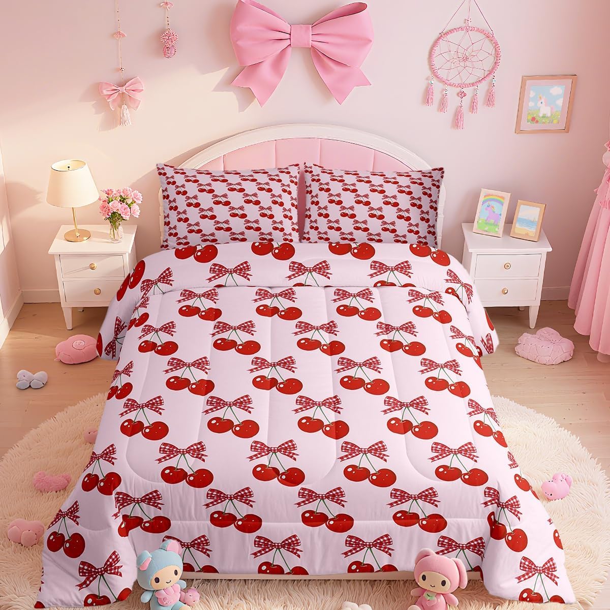 Pink Cherry Comforter Set Twin Size Girls Cute Bow Bedding Set Boys Teens Bowknot Fruit Duvet Insert Breathable Gift for Girls Women Quilt Bedroom Decor,1 Comforter with 1 Pillowcase