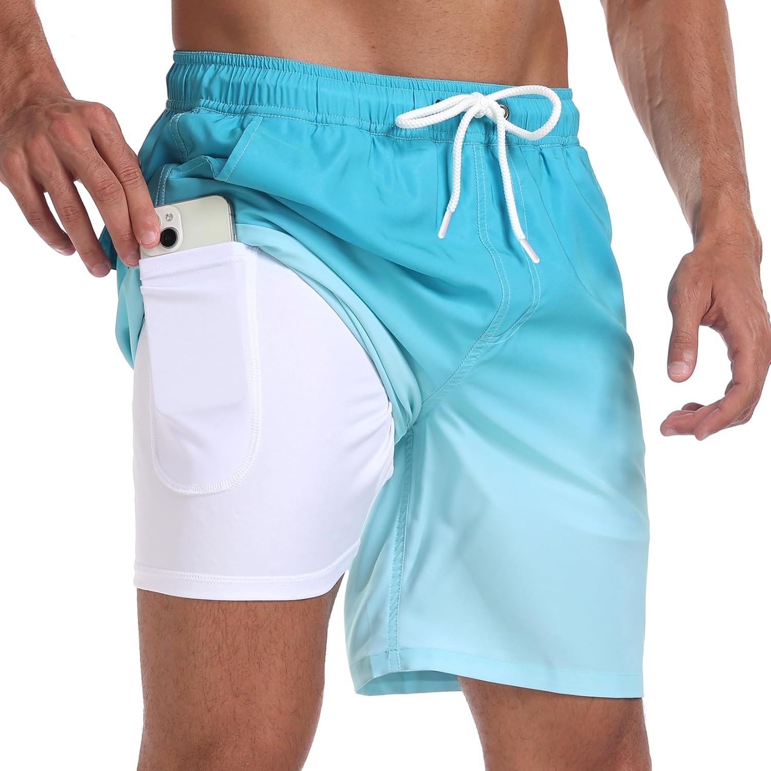 Mens Swim Trunks with Compression Liner 2 in 1 Swimming Shorts Stretch Trunks Quick Dry Beach Shorts Bathing Suit