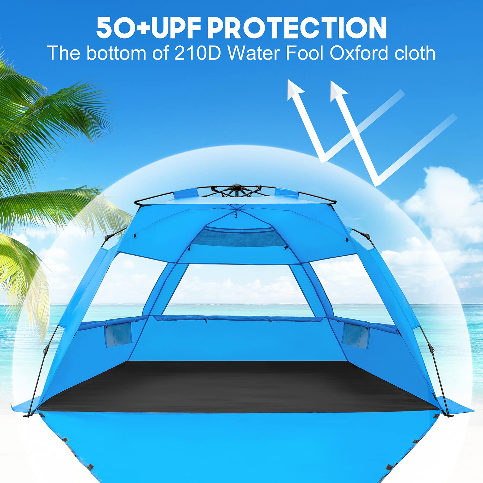 MIRUS Namiot plażowy typu Pop Up, Deluxe XL osłona przeciwsłoneczna dla 3-4 osób z ochroną UPF50+, wysuwana podłoga i 3 wentylowane okna, torba do przenoszenia, słupki i linie odciągowe