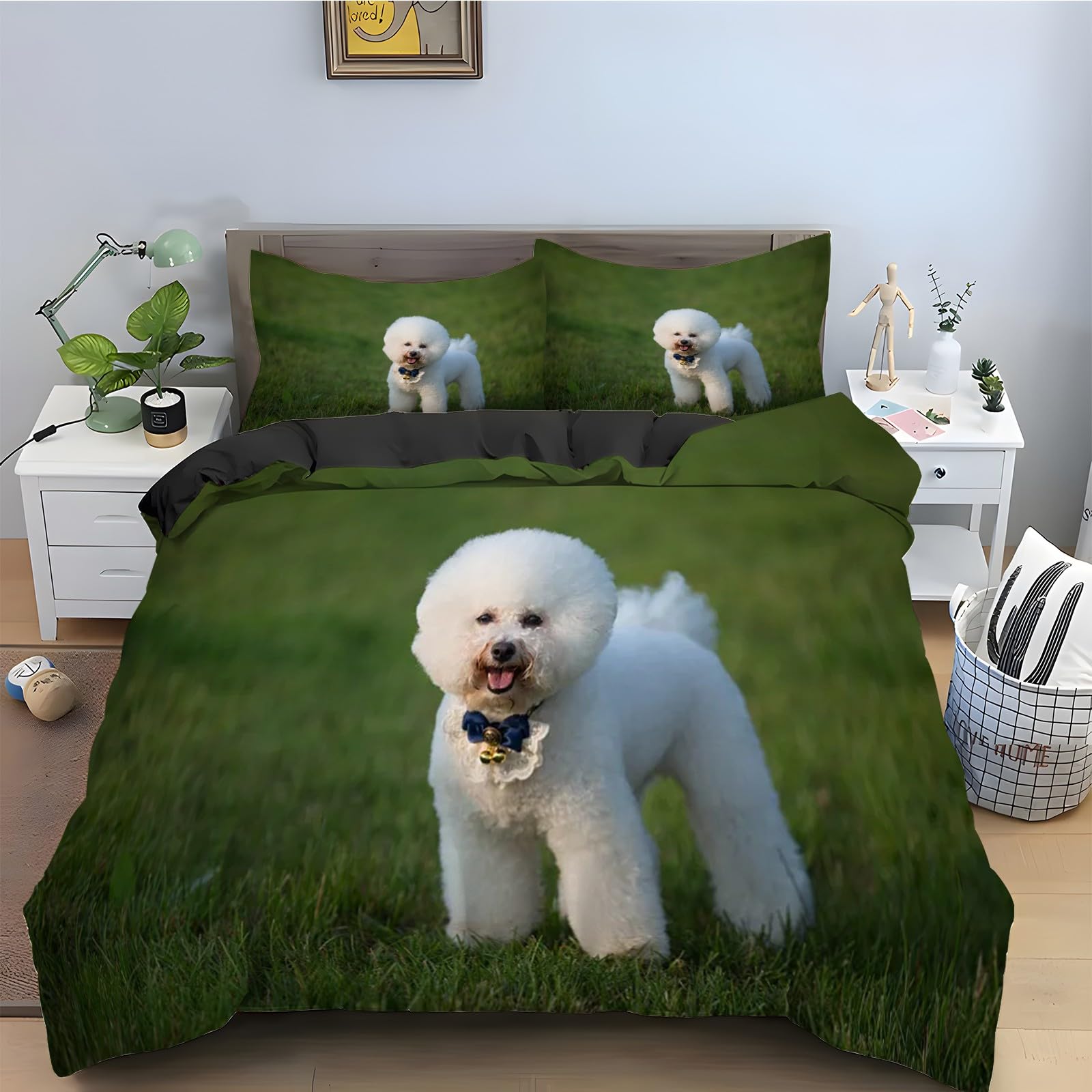 Housse couette en microfibre douce 160x200 caniche avec 2 taies d'oreiller zippées