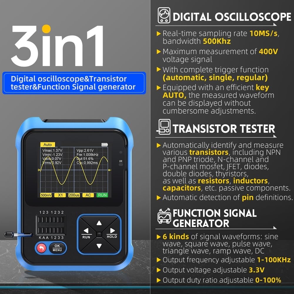 Osciloscopio digital portátil 3 en 1, osciloscopio de 10 MS/s 500 KHz + probador de transistores + generador de señal, 400 V