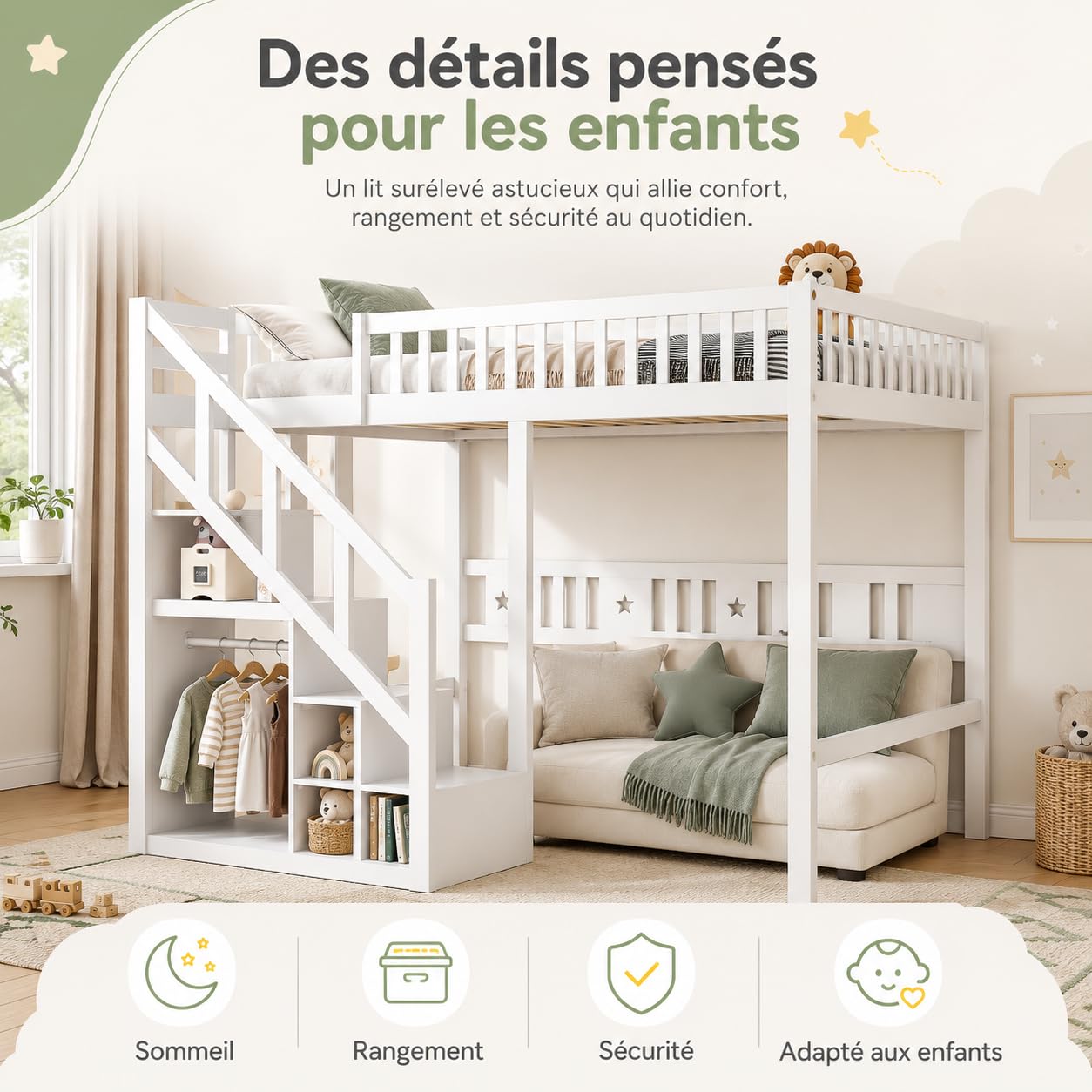 Lit superposé, pour enfant, 140 x 200 cm, en bois, avec espace de rangement, pour 2 enfants, 140 x 200 cm, avec escalier et sommier à lattes, avec protection contre les chutes, sans matelas
