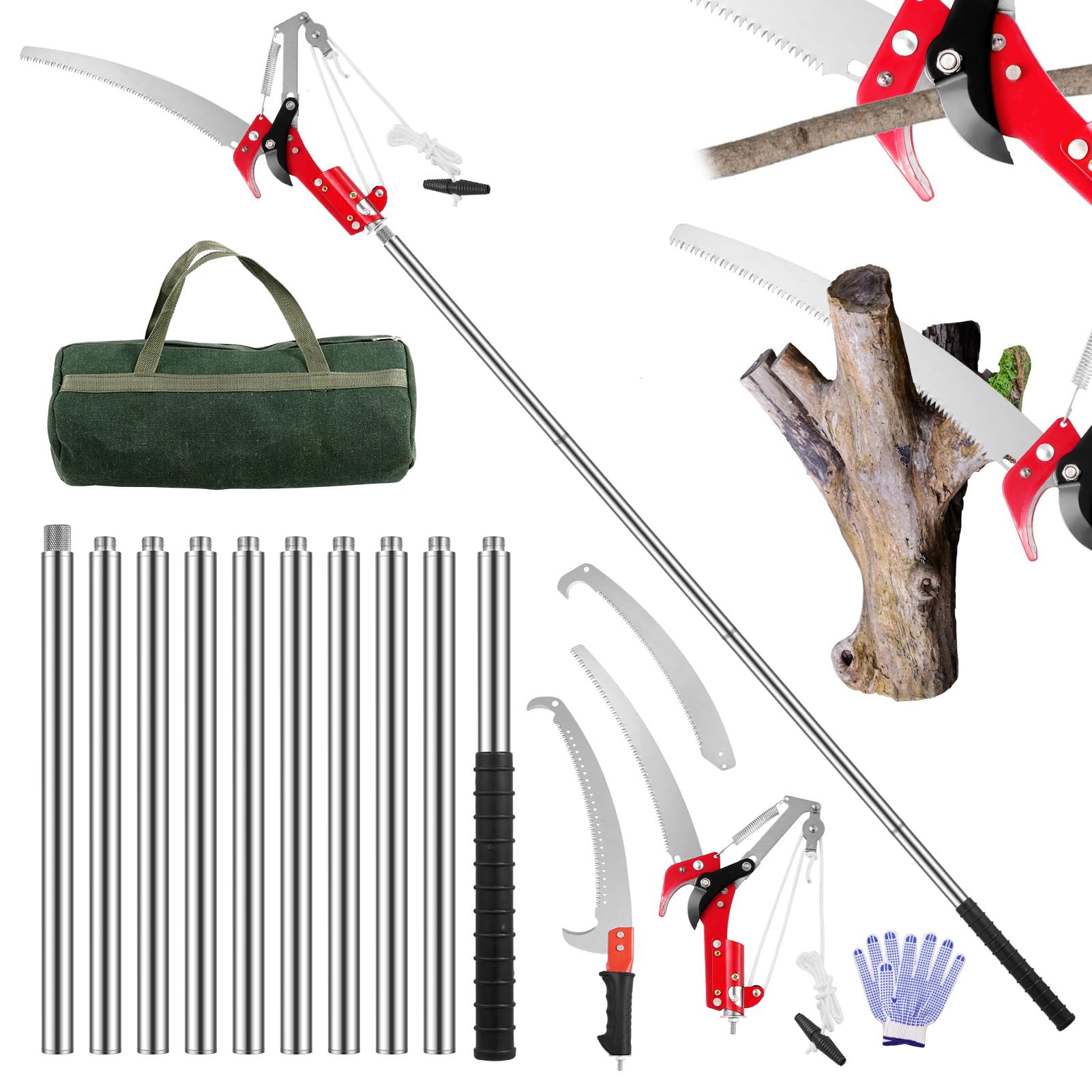 2 in 1 Tree Loppers Long Reach Telescopic, 82-402cm Long Reach Pruner with Extendable Handle & 33cm Saw, Lightweight Telescopic Tree Pruners Branch Cutters, Pulley Pole Pruner Hand Garden Loppers