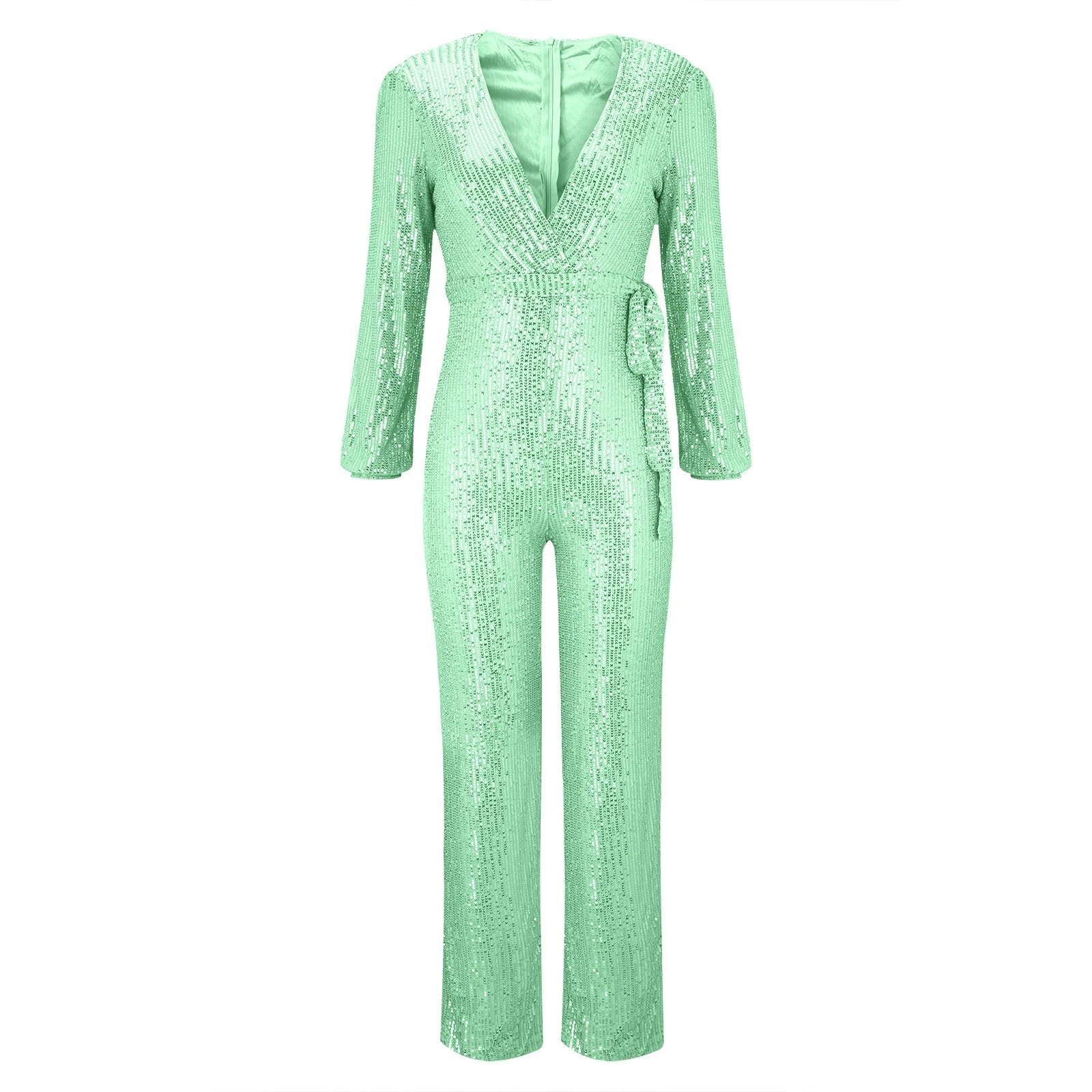Combinaison à paillettes pour femme - Paillettes brillantes - Col en V - Manches longues - Barboteuse droite et large - Pantalon long, Vert, M