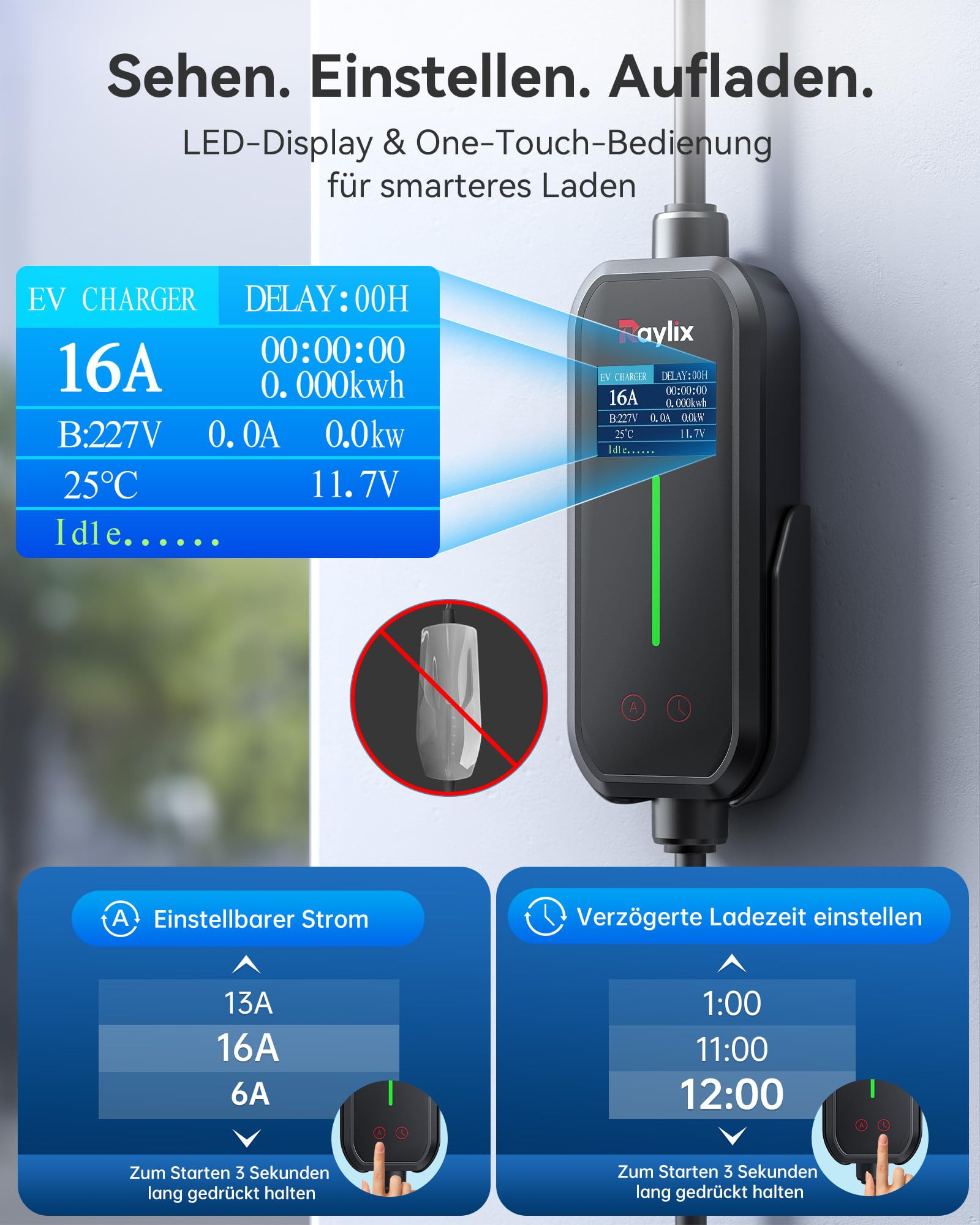 Raylix 2026 Neu 11kW Mobile Wallbox Typ 2 Ladekabel (7m 8A-16A 3-Phasig) mit Stromzähler & Einstellbarem Strom & Verzögertem Laden, Ladekabel CEE 16A auf Typ 2 und Ladestation Ladeziegel EV Charger