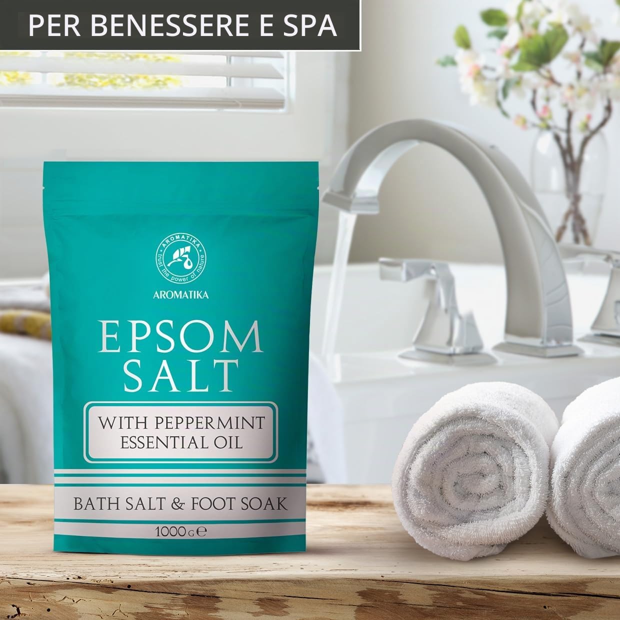 Sali di Epsom di Menta Piperita 3000g - Sali di Epsom con Olio Essenziale di Menta Piperita - Puro e Naturale al 100% - Solfato di Magnesio Concentrato - Lenitivo e allevia la fatica - Rilassamento