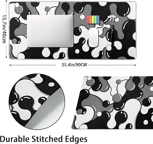 Miniatura 2 de Alfombrilla de mouse grande con borde cosido, negro, blanco, gris, XXL, anime, geométrica, japonesa, 35.4 x 15.7 pulgadas, base de goma