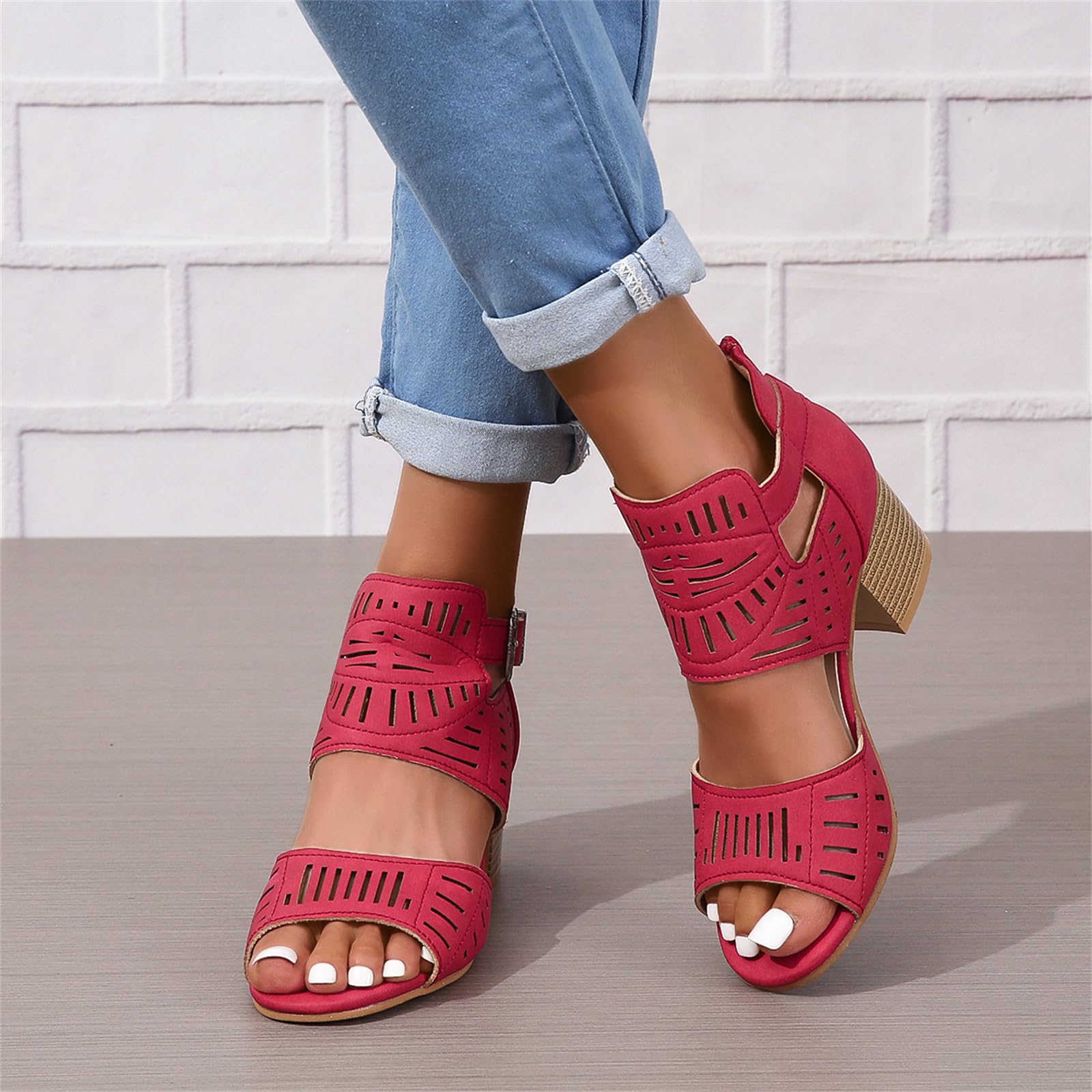 Women Peep Toe Chunky Heeled Sandals Stacked Heel Cutout Roman Sandals Buckle Ankle Strap Summer Casual Party Dress Shoes