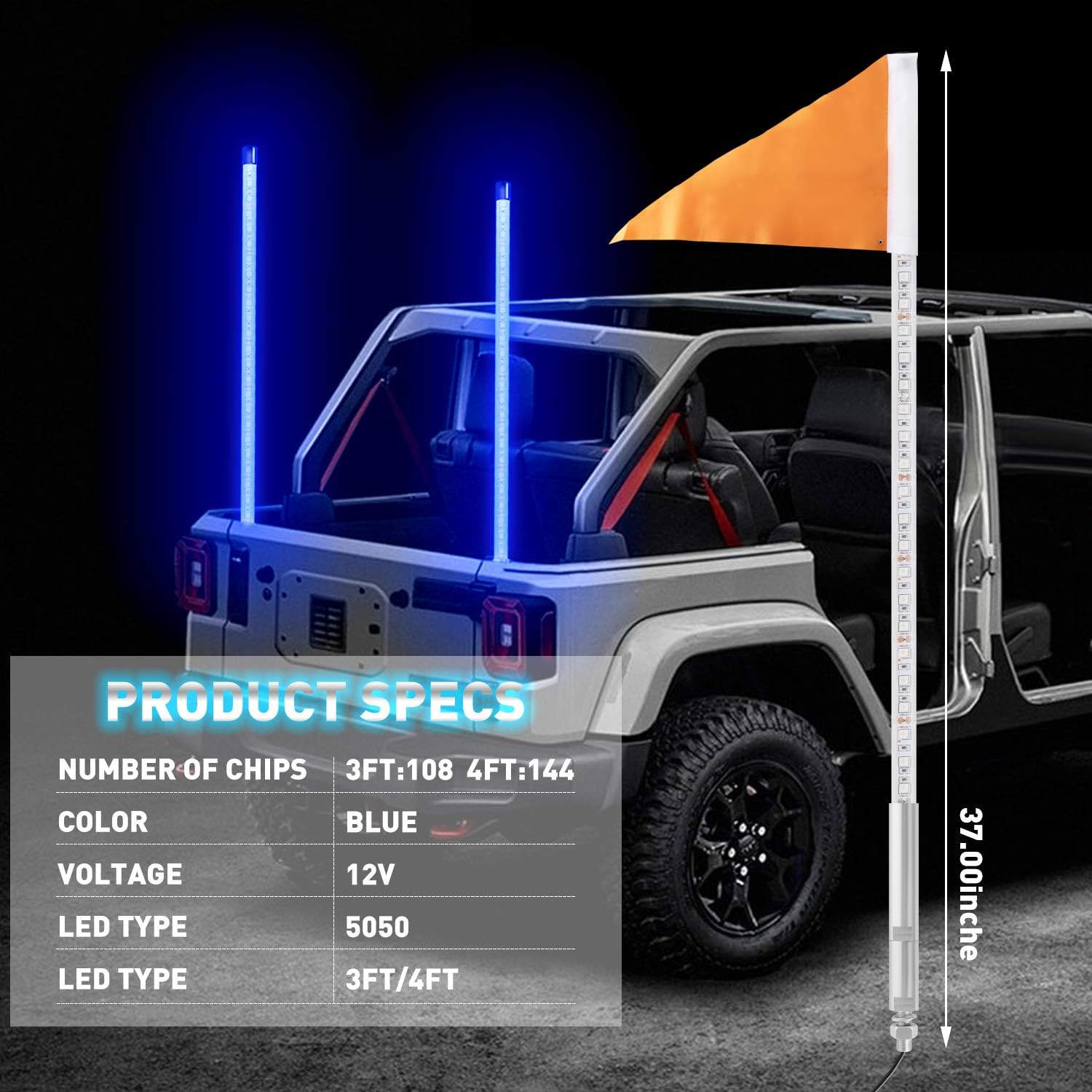 3ft LED Light Whip, AAIWA LED Whip Lights for ATV UTV LED Whip Light, Blue Light Antenna Whips for RZR Polaris Off-Road Sand Dune Buggy 4x4