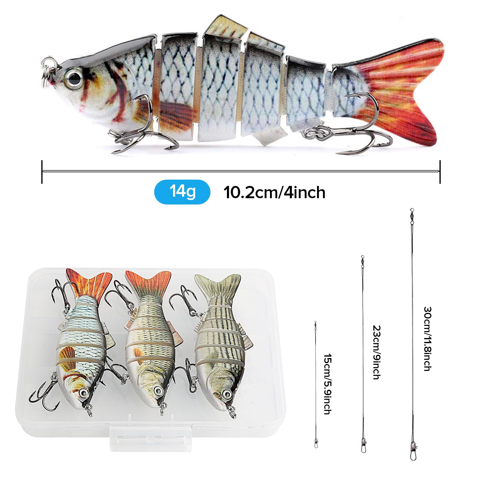 Realure 3 sztuki przynęt na szczupaki wielopływowe o długości 15 cm, 23 cm, 30 cm, zestaw przynęt na szczupaki, sztuczne przynęty 3D, wobler, powoli opadająca, do słodkiej wody, słonej, pstrąga