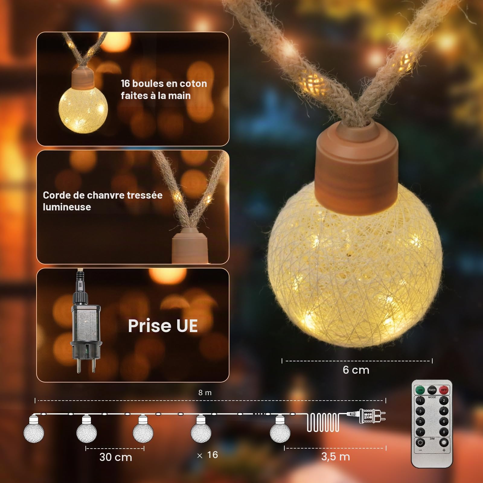 Guirlande lumineuse d'extérieur/d'intérieur avec prise, 8 m, 16 ampoules, 8 modes, intensité réglable, guirlande lumineuse à ampoules LED sphériques avec télécommande et minuterie, guirlande lumineuse