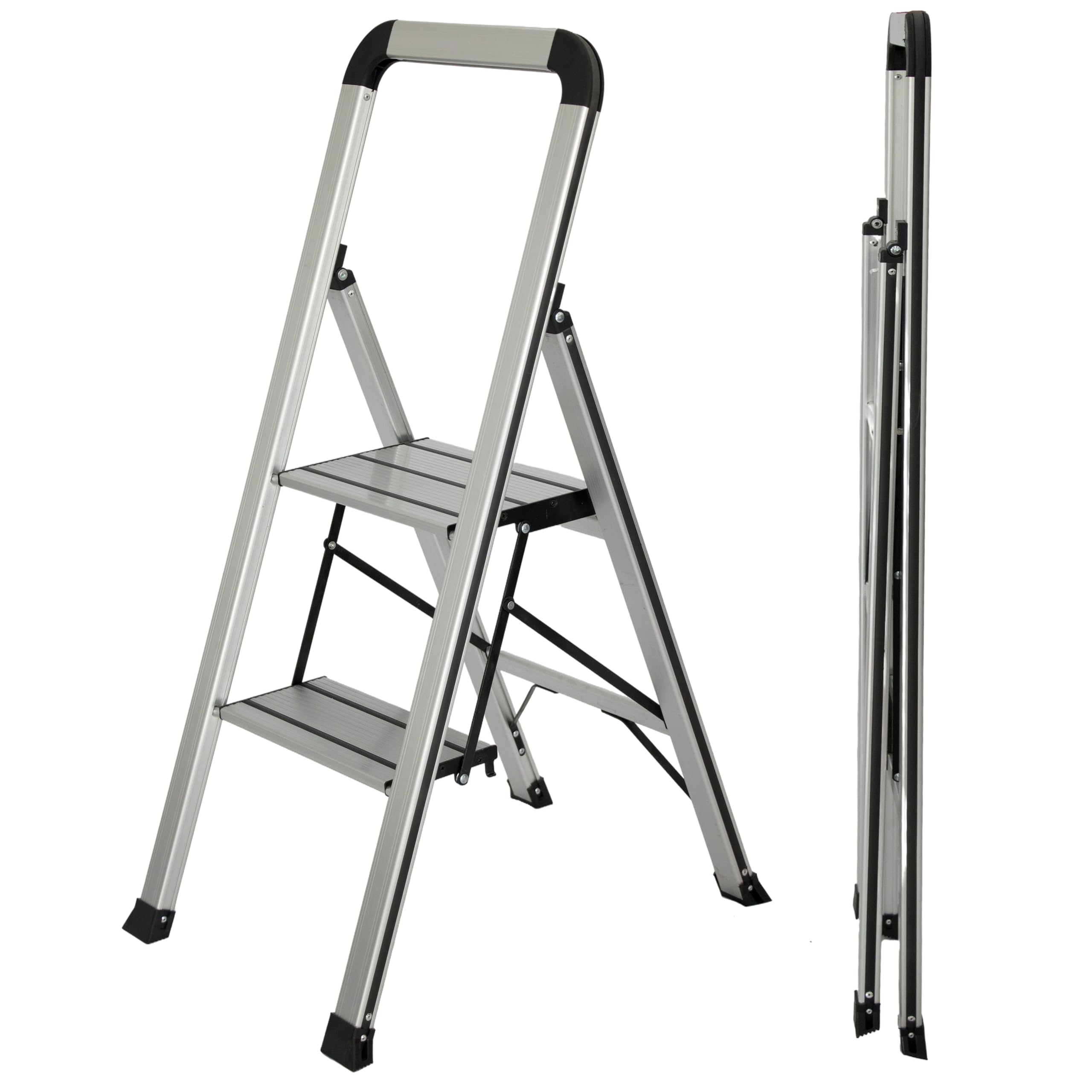 UZIRO Escalera 2 Peldaños, Escaleras Plegables de Aluminio Liviana, Decorativa, Peldaños Anchos Antideslizantes, Mecanismo Antiplegado, Compacta, Fácil de Guardar (2 Peldaños)