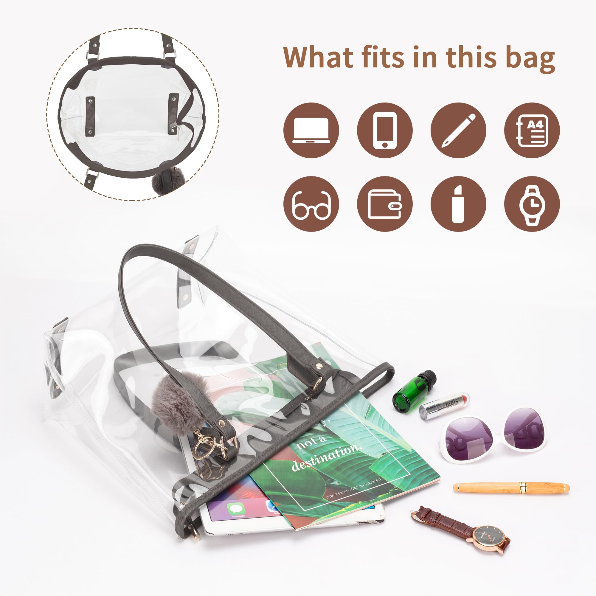 Large Clear Bag Transparent Shoulder Handbag with Plush Pendant (Dark grey)