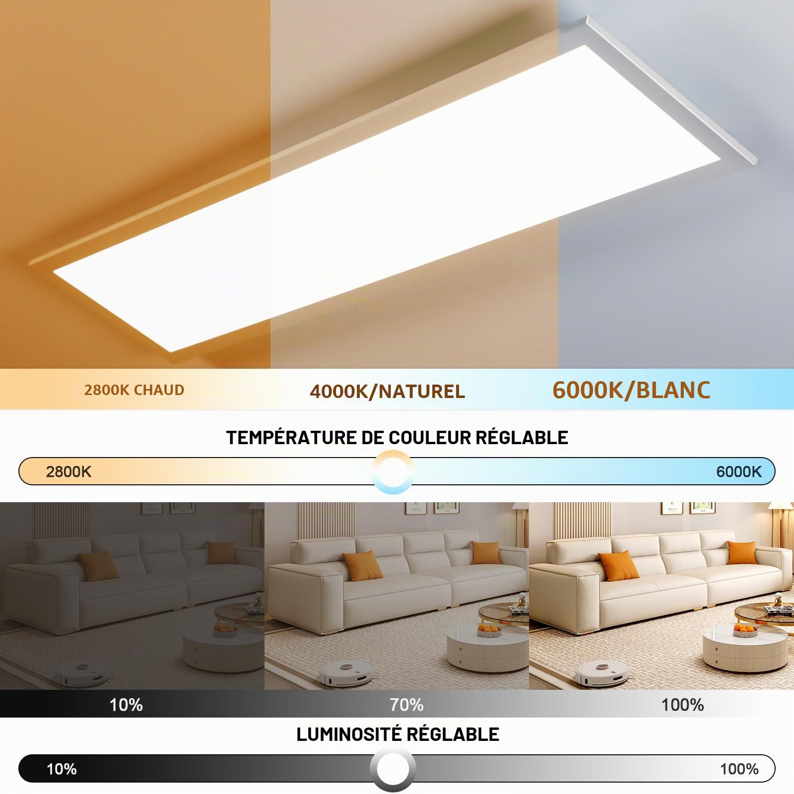 OTREN Panneau LED Ultra Plat 120x30cm, 40W Plafoniera LED Soffitto Dimmable avec Télécommande Luminaire Plafonnier Rectangulaire pour Bureau Salon Chambre Cuisine, 2800K-6000K