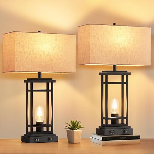 Lámpara de mesa, juego de 2 lámparas de noche modernas con luz nocturna y puerto de carga USB C+A, lámparas para mesitas de noche, dormitorio, sala