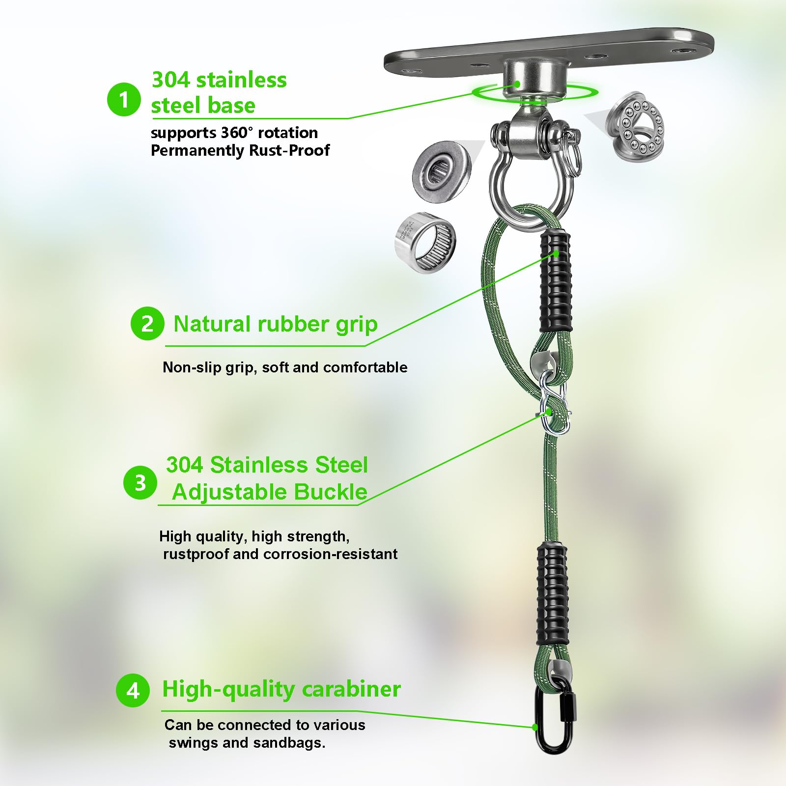 Gancho de techo de 1 m, cuerda de fijación con ajustable, capacidad de carga de 270 kg, acero inoxidable, giratorio 360°, gancho para sillón colgante con almacenamiento, para hamacas