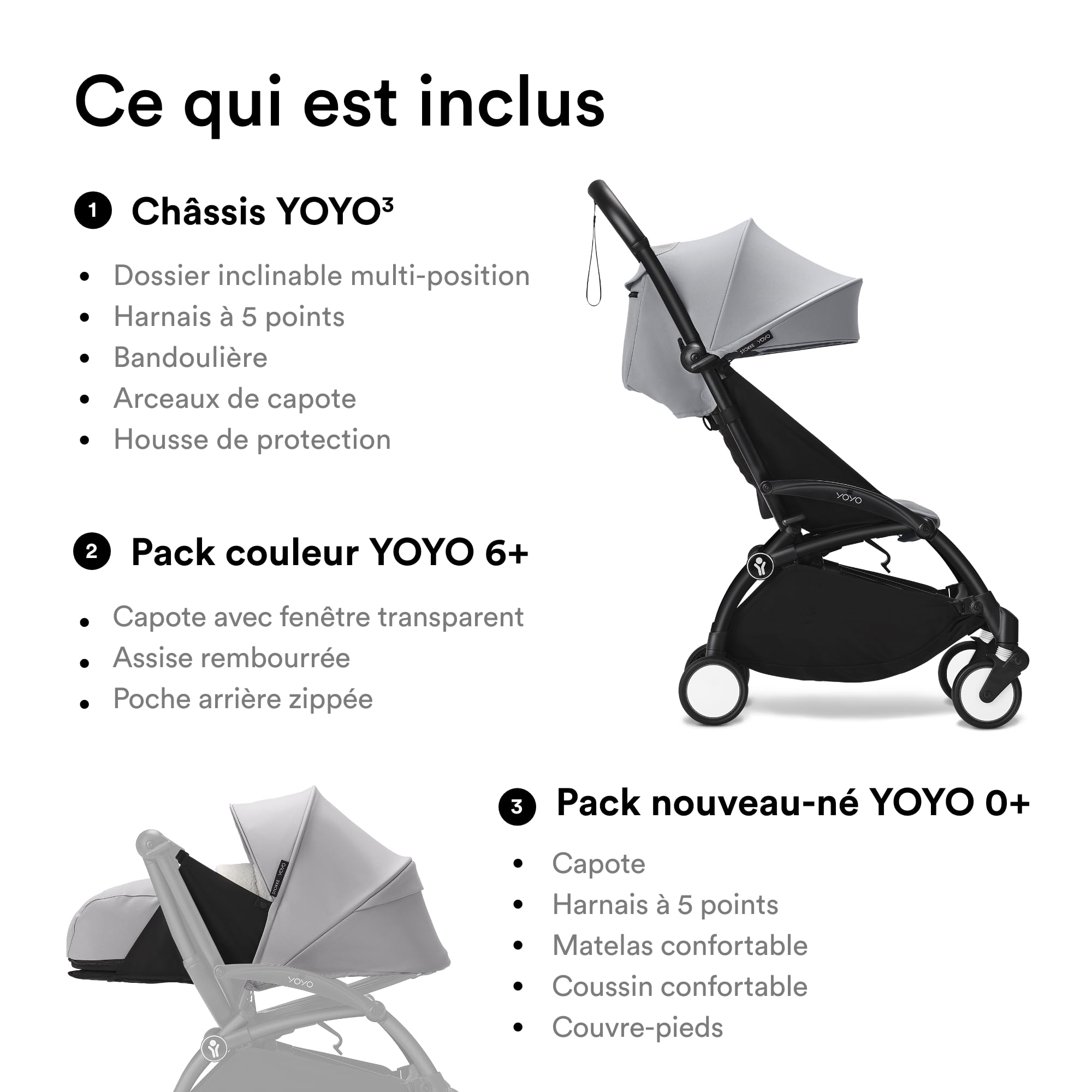Poussette complète YOYO 3 châssis noir Pack 0+ et 6+ Stone - Stokke