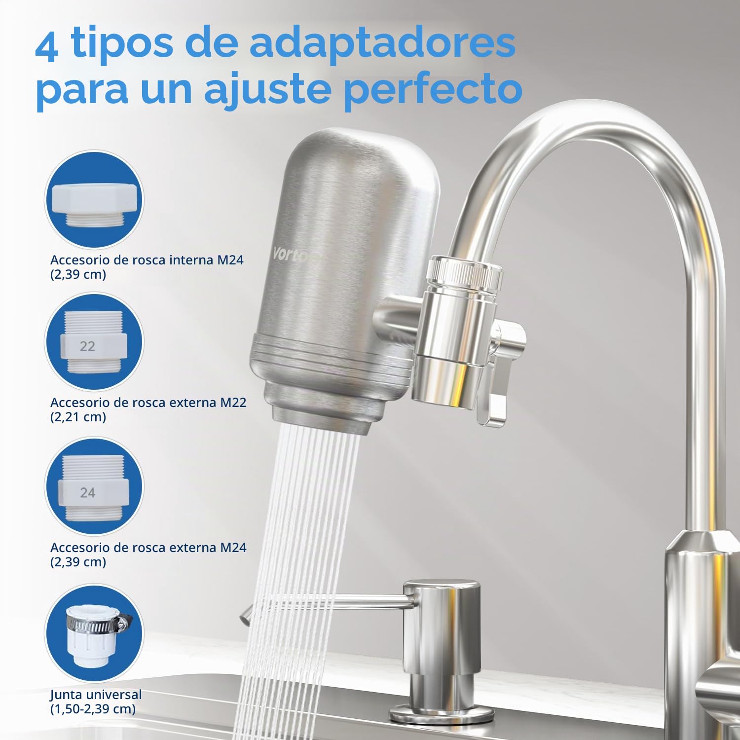 Vortopt Filtro de Agua para Grifo de Acero Inoxidable - Purificador de Agua para Grifo - Filtro Agua Grifo para Cocina, Bañera, Reduce el Plomo, el Cloro y el Mal Sabor, T2 (2 Filtros)