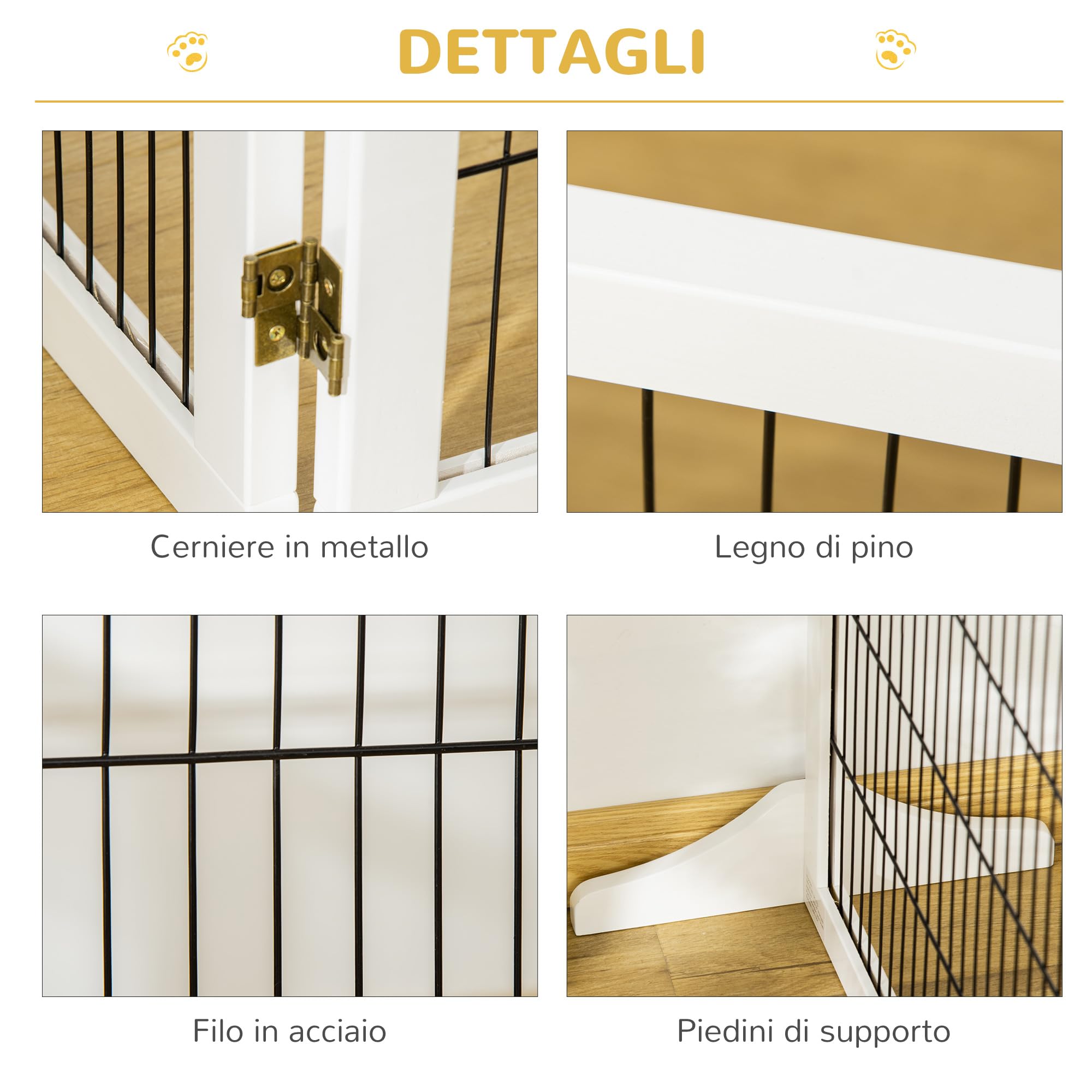 PawHut Cancelletto per Cani di Piccola/Media Taglia a 6 Pannelli Pieghevoli, Cancelletto di Sicurezza in Legno e Acciaio, 432x36x70 cm, Bianco