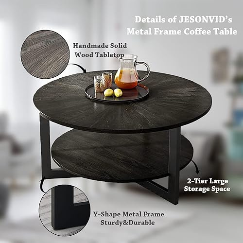 Miniatura 5 de Mesa auxiliar redonda con estante de almacenamiento, mesa central circular de 33.5 pulgadas con patas de metal negro, mesa de cóctel industrial de 2
