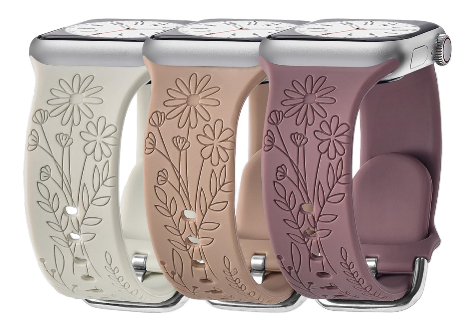 3 Pack Wildflower Engraved Bands Compatible with Apple Watch Band 46mm 40mm 38mm 41mm 44mm 42mm 45mm 49mm Women, Floral Soft Silicone Sport Strap for