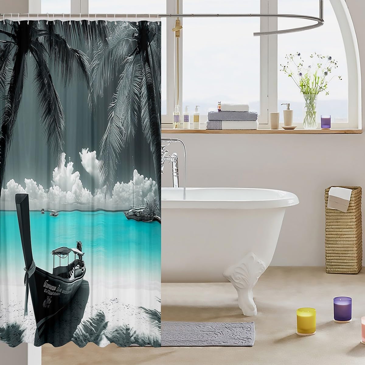 Wooden Boat Shower Curtain Blue Ocean Summer Beach Washable Grommet Bathroom Curtain Coconut Tree Waterproof Curtain Hawaiian Holiday Bath Curtain,12 Hooks,72" Wx78 L