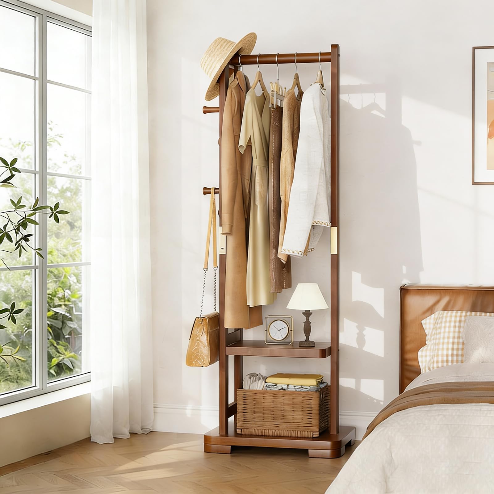 Solid Wood Clothes Rack Coat Rack with 2 Shelves & 4 Hooks for Hanging Clothes Garment Wallets Hats, Clothing Rack Coat Rack Freestanding Hall Tree with Storage for Hallway Bedroom Living Room