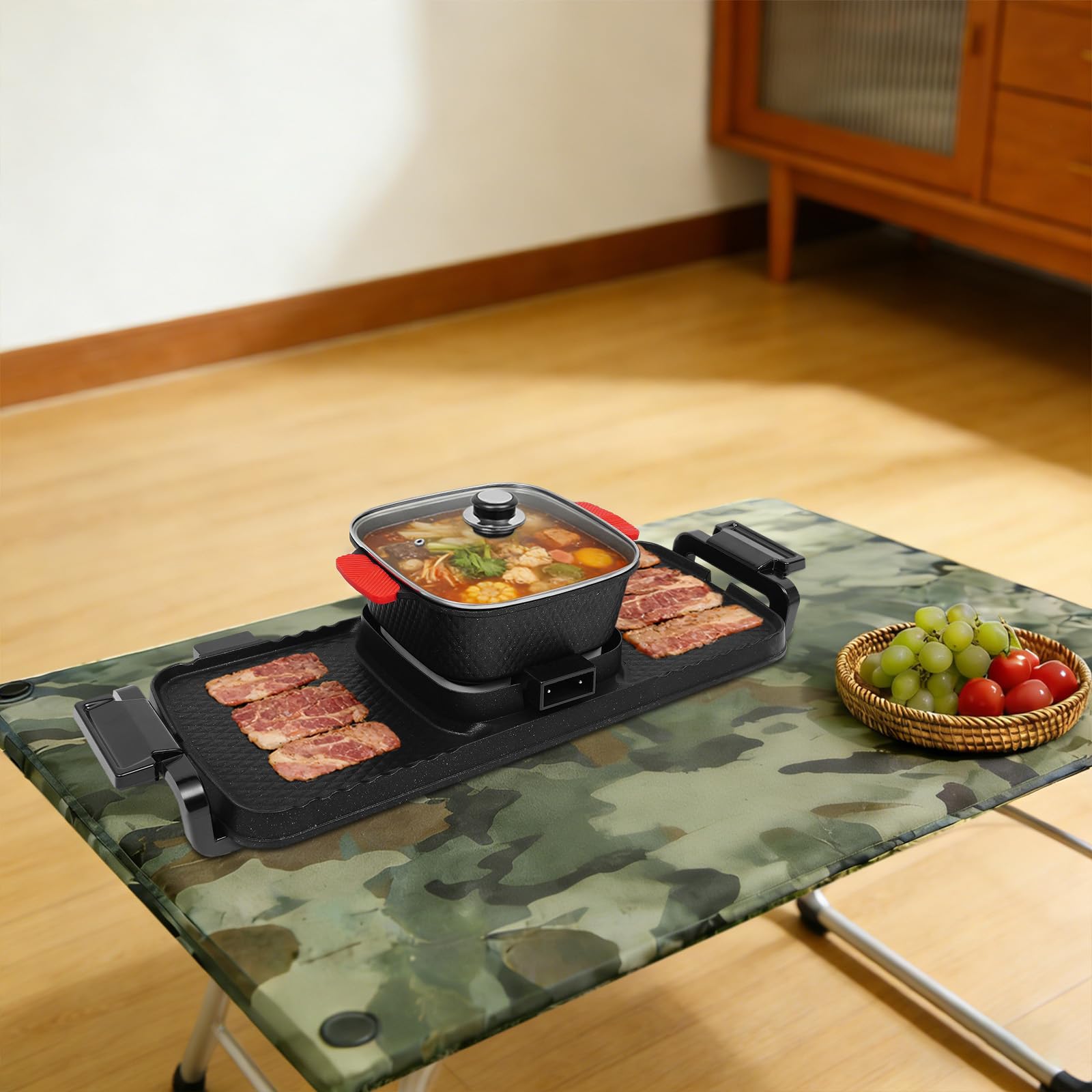 2 in 1 Elektrischer Hot Pot Grill, 2200W Multifunktionale BBQ Hot Pot, separate doppelte Temperaturregelung, koreanischer Indoor BBQ Grill für Familie, Abendessen