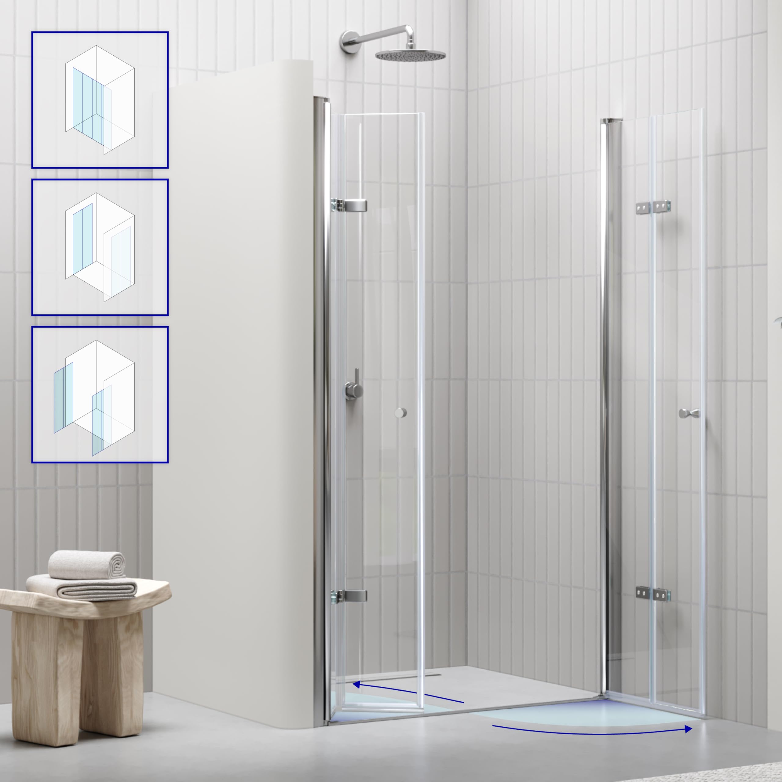 Lena Duschtür 92x185 cm Nischentür in Klarglas, Falttür mit 6mm ESG Sicherheitsglas, Nanobeschichtung, Hebe-Senkmechanismus, Verstellbereich 92–96 cm, DTSC