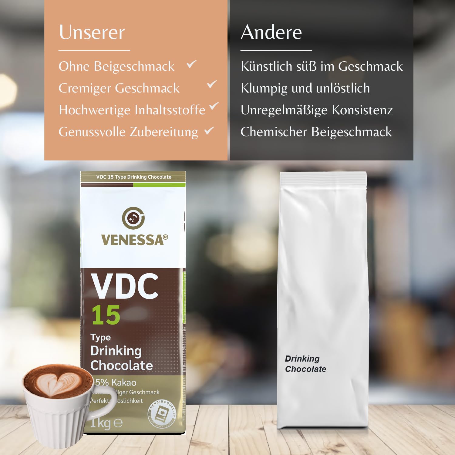 Venessa VDC 9 - Chocolate para beber (5 x 1 kg, 9% de cacao y leche, cacao en polvo para gastro, máquinas expendedoras, ligeramente dulce, agradable