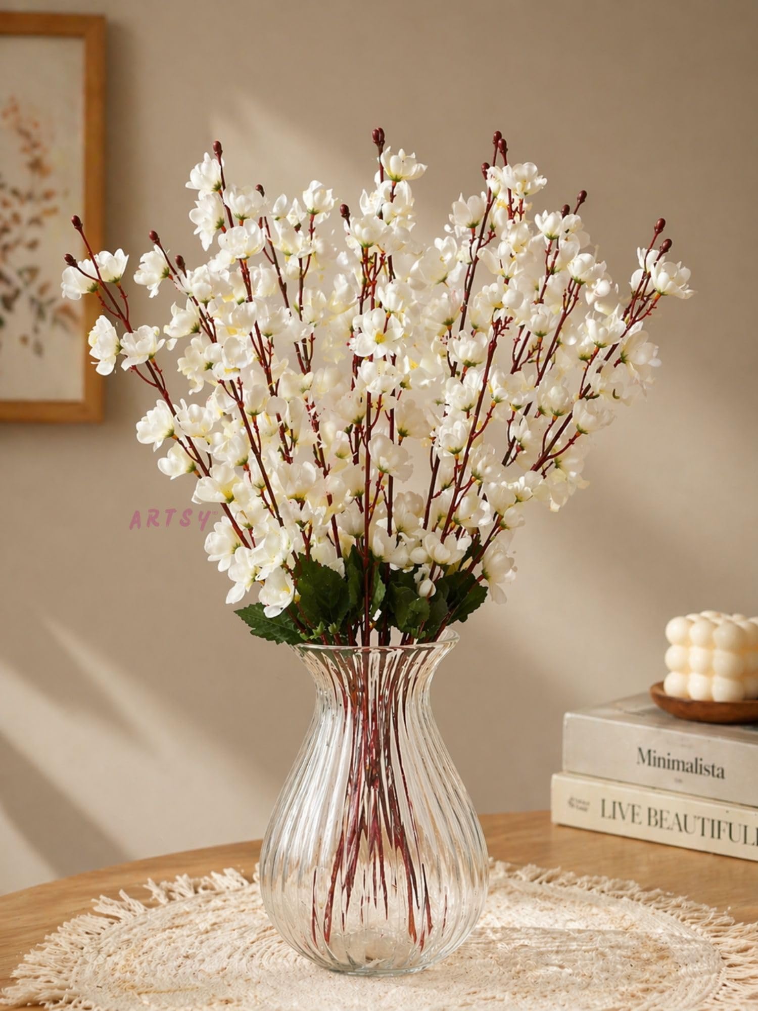ARTSY® Artificial Flowers Bunch for Decoration Cherry Blossom, Ideal for vase, Home, Office Decor, Gifts, Craft, Without vase, White, Combo, 2 Piece, 55 cm Height,Polyester-image-28